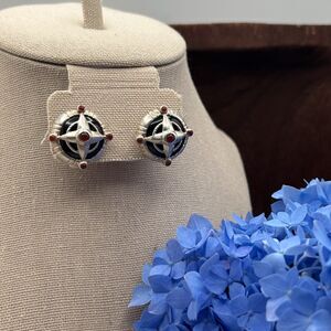 Vintage Sterling Silver Compass Star Earrings Red Cabochon 925 Post